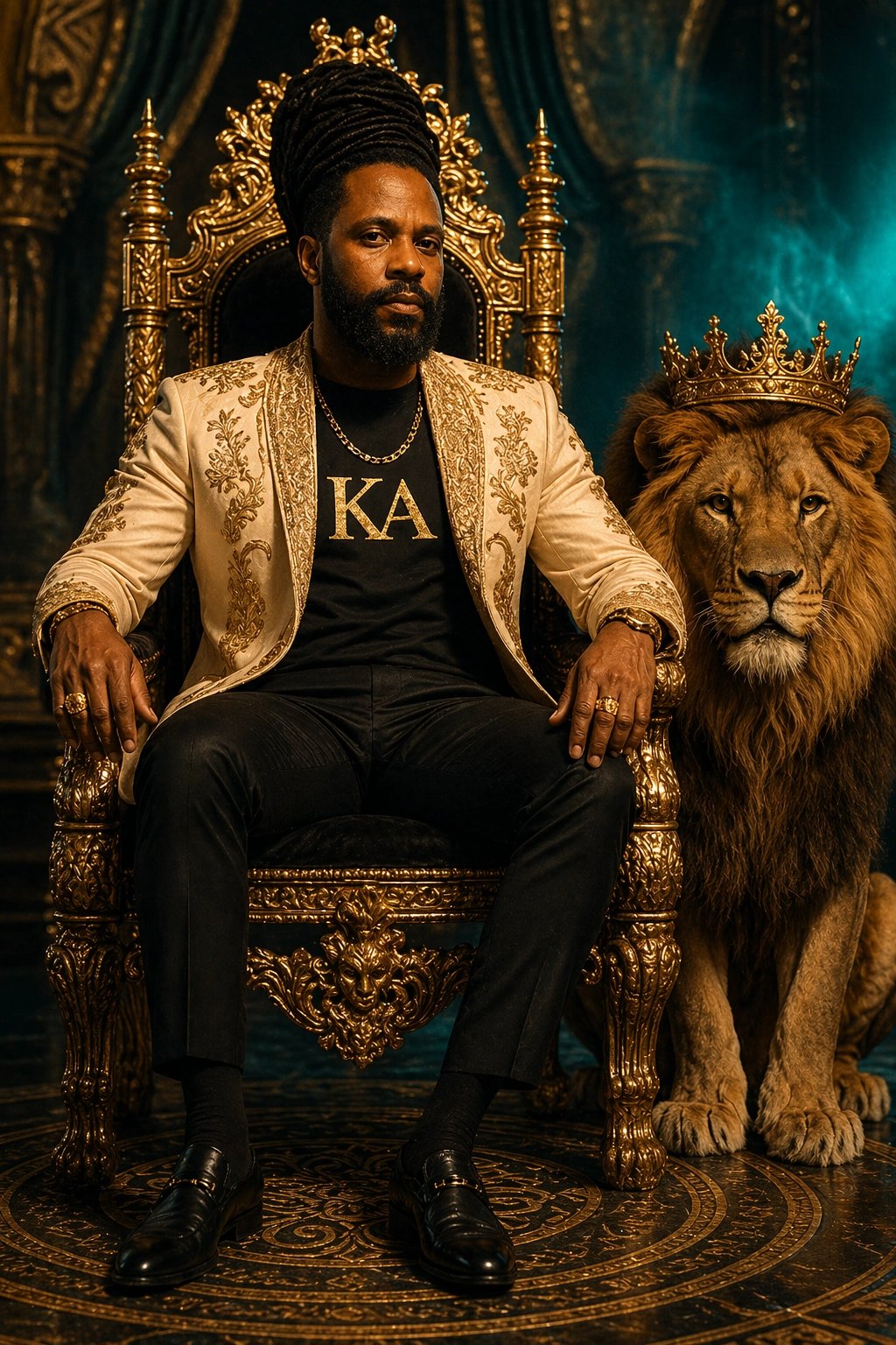 King Ayoola on the throne, crowned lion beside him